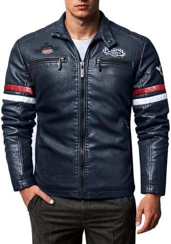 Men's Faux Leather Jacket Zip Up Casual Windbreaker Motorcycle Ja...