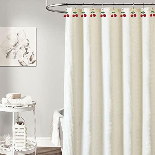 Decorative Cherry Shower Curtain Hooks Rings For Bathroom Shower Rod - Rust Proof Metal Stainless Steel Curtain Ring Set Of 12 With Red Cherry Resin Decor Pendant Fruit Collection Style Design #TOP5