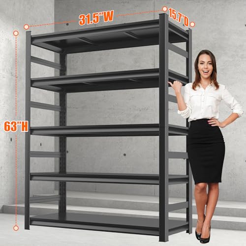 Notmise Adjustable Heavy Duty Metal Garage Shelving Unit with Fence, 5-Tier Storage Rack for Garage, Basement, or Warehouse, Durable Steel Shelves for Tools & Equipment, 63" H x 32" W x 16" D, Black