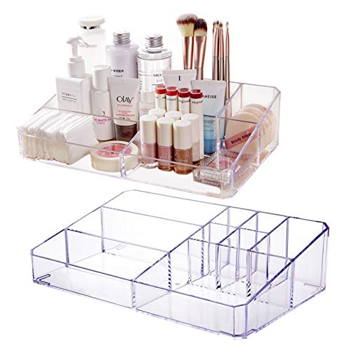Jucoan 2 Pack Makeup Organizer Tray, Clear Acrylic 9-Compartment Vanity Cosmetic Storage Palette Tray, 12.5 X 7.5 X 3 Inch Makeup Display Case for Brush, Eyeshows, Skin Care Products