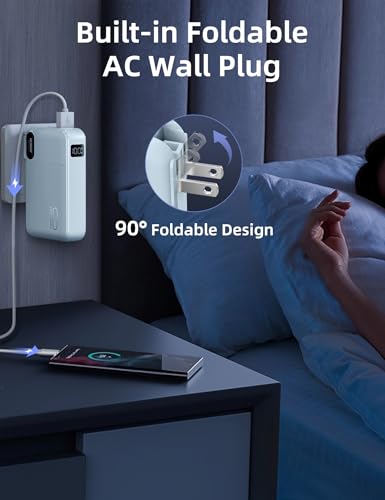 Image of RORRY Portable Charger w /Wall Plug 10000mAh Power Bank 22.5W Battery Pack | Built in Cables, Fast Charging, for iPhone, iPad, Samsung Galaxy, Pixel, LG, Travel Essential, Digital Display, Pocket Size