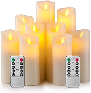 KUNOVA (TM) Flameless Flickering Candles, Led Candles Set of 9 (H 4" 5" 6" 7" 8" 9" xD 2.2") Ivory Real Wax Battery Candles with Remote Timer