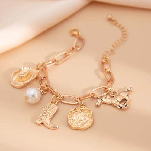 Cowboy Boot Hat Charm Bracelet for Women Men Retro Western Cowgirl Irregular Pearl Coin Horse Dainty Boho Paperclip Chain Link Bracelets Vintage Country Rodeo Outfit Holiday Party Fashion Jewelry Gift3
