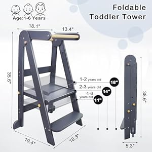 Foldable toddler kitchen tower step stool standing tower with whiteboard toddler kitchen stool helper with 3 adjustable height step stool for kids 1 6 years grey  urban country home decor