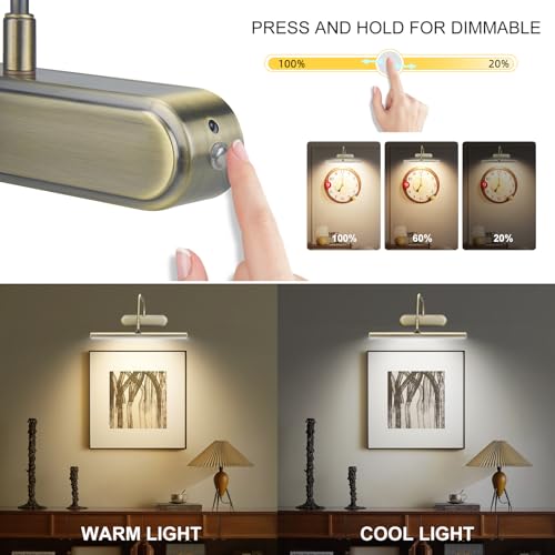 Image of RAIFOOLLY Picture Light,3AA Battery Art Lights for Paintings,Wireless Wall Lighting,Remote Control Accent Light with Timer and Dimmable for Frame,Portrait,Dartboard-Antique Brass