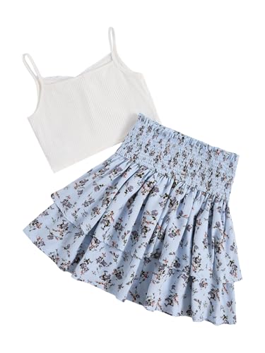 Image of RoseSeek Girl's 2 Piece Outfits Lace Ruched Camisole Tops and Shirred High Waisted Layered Floral Skirts Set