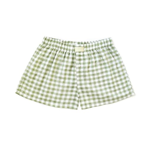 Image of Women Y2k Pajamas Shorts Micro Button Boxers Elastic Waist Cute Pj Bottoms Summer Plaid Lounge Short