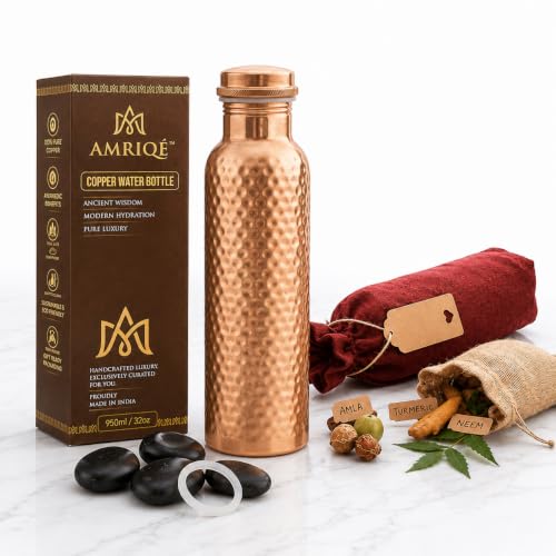 Image of AMRIQE Lab Tested Pure Copper Water Bottle 32 Oz Large Glossy Hand-Hammered