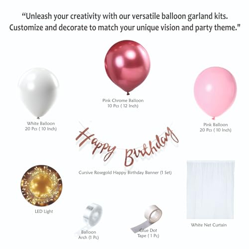 Image of Happy Birthday Balloons Decoration Kit - 55 Pcs Pink, White & Chrome Balloon with Banner Garland Set for Birthday Parties & Celebrations | Birthday Decoration Items for Kids & Girls