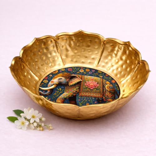 Image of Hammered Golden Lotus Urli Bowl with Royal Elephant Art | Decorative Metal Pooja Urli for Floating Flowers, Festive Decor & Centerpieces | Scalloped Edge Lotus Design