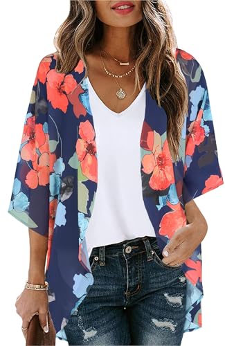 Gosunny Damen Tops Floral Bedruckte Sommer Offene Vorderseite Strickjacke Strand Kimono(Ölfarbe Blau,3XL)