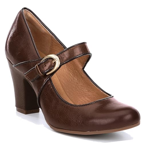 Image of SHODENSE Women Vintage Chunky High Heel Mary Jane Shoes Round Closed Toe Ankle Strap Dress Sandals 3 inch Block Heels Mary Jane Lolita Pumps Two-Toned Patchwork Buckle Office Lady Wedding Retro 4-11 M US