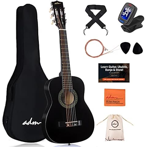 ADM 1/4 Kids Classical Guitar Kit, Junior Guitar Set for Beginnner with Gig Bag, Clip on Tuner, Strap, Picks, Extra Strings, Storage Bag and Cleaning Cloth (Bright Black, 30") Cover
