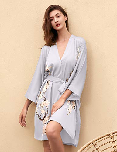 Image of BABEYOND Kimono Robe Cover up Short Satin Floral Silky Kimono Blouse Loose Bachelorette Party Robe