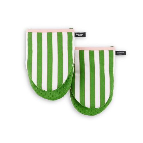 Image of kate spade new york Botanical Stripe Mini Oven Mitt 2-Pack Set, 5.5 inch x 8 inch, Green /Pink