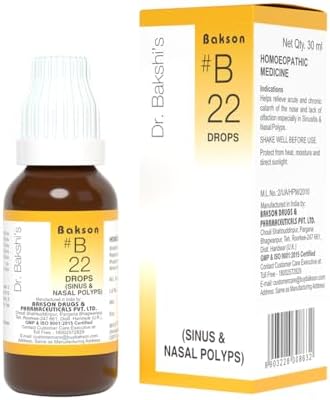 Dr. Bakshi's BAKSON'S HOMOEOPATHY # B 22 Sinus Drops | Help Relieve Thick/Watery Discharge From Nose, Recurrent Sneezing and Stuffy Nose | Helps With Inflammation Of The Nasal Passages, 30 ml