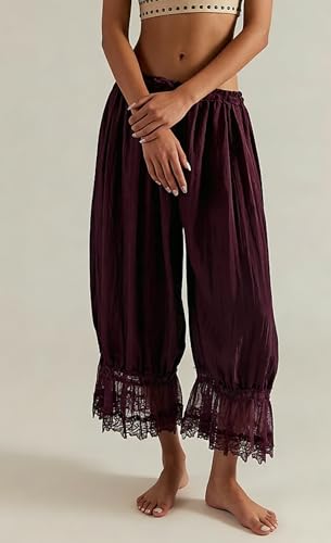 Image of NUFIWI Women Ruffle Long Bloomer Y2k Lace Trim Pettipants Pantaloons Mid Rise Cropped Pajama Pants Under Dress Slips