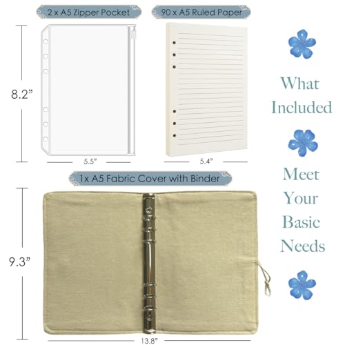 ipoul A5 Binder 6 Ringbuch Nachfüllbar Notizbuch Stickerei Journal Budget Binder Liniertes Notizbuch Liniertes Papier Geschenk für Frauen Planer Binder Schwarzer Stoff Magnolie Blume Geschenk für Oma