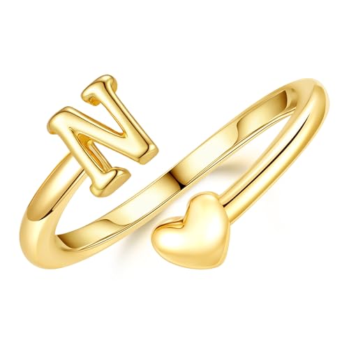 TINGN Bague en or pour femme/fille - Bague en or 14 carats plaqué or imperméable avec cœur, lettres, bague à empiler, bague ajustable, bague promesse,...