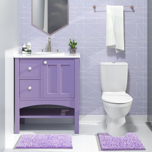 Image of Yimobra Chenille Bathroom Rugs, 28x17.5, Extra Soft Bath Mats for Bathroom Non Slip, Fluffy Plush Luxury Shower Mat Outside, Water Absorbent, Machine Washable, Purple & Lavender