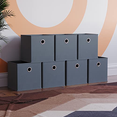 Vida Designs Durham Foldable Storage Cube Baskets Fabric Box With Metal Easy Access Handle Home Organiser (7 Pack, Grey)