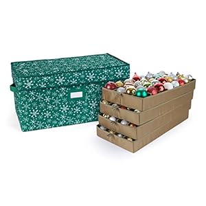 Covermates Keepsakes Adjustable Ornament Storage Box, Carrying Handles, Padded Protection – Holiday Storage-Green Snowflake