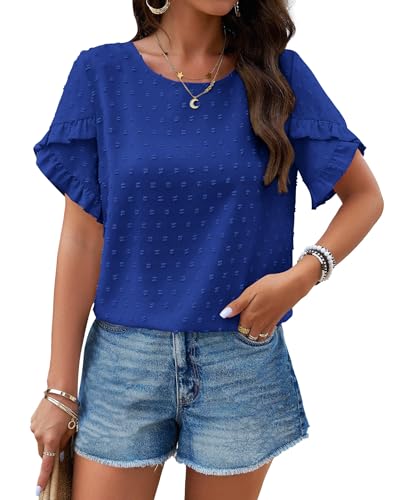 PRETTYGARDEN Women's Tops 2025 Summer Ruffle Short Sleeve Crewneck Blouses Swiss Dots Solid Loose Tunics Work Shirts