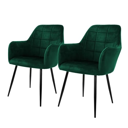 ECD Germany Lot de 2 Chaises de Salle à Manger - Vert Foncé - Style Rétro - Assise Rembourrée Aspect Velours - Pieds en Métal Noir - avec Dossier et...