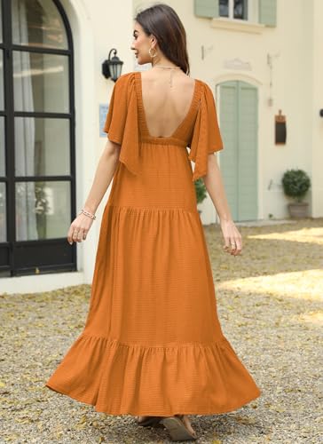 Image of Kikibell Women Summer Dresses Sexy V-Neck Maxi Dress Tiered Silhouette with Flutter Sleeve Backless Elastic Waist Flowy Dress