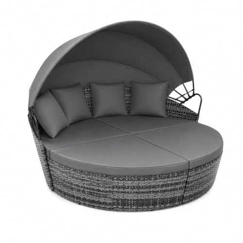 EVRE Bali 4 Piece Modular Round Rattan Wicker Patio Garden Furniture Daybed Sun Lounger Set with Extendable Canopy and Conversation Seat Cushions (Mixed Grey)