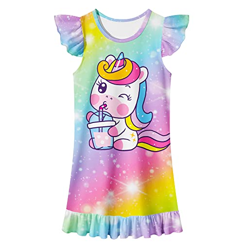 Lqsz Matching Doll And Girl Nightgown Flutter Short Sleeves Nightie Unicorn Rainbow Pajamas For Girls & 18" Dolls Clothes 7 8T #TOP1