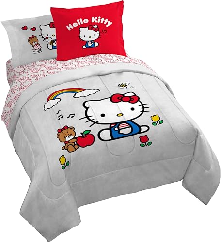 Image of Sanrio Hello Kitty Queen Comforter Set 7 Piece Bedding for Girls, Grey | Bed in a Bag, Comforter Sheets Shams Pillowcases, Official Product, Soft Microfiber, Machine Washable, Girls Gift