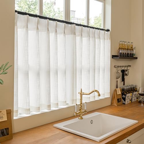 Image of Pinch Pleated Linen 36 Inch Length Kitchen Curtains 2 Panels Set Privacy Light Filtering Semi Sheer Boho Small Curtains Bathroom Window Neutral Sheer Short Cream Ivory Drapes for Front Door RV Camper