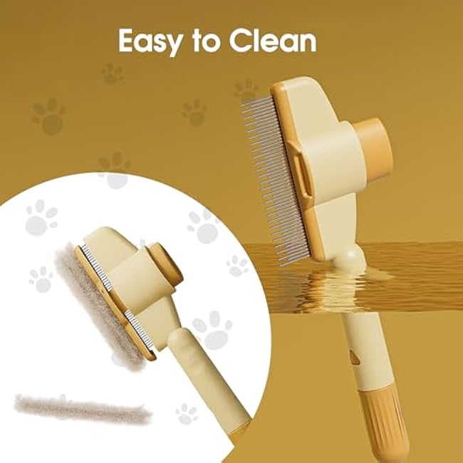 Self-Cleaning Cat and Dog Comb ¨C 2-in-1 Pet Hair Removal and Flea Comb with Stainless Steel Teeth and One-touch Release Button, Suitable for Hair Removal, Detangling, and Grooming Yellow-NdPDHj5U