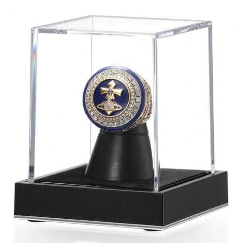 JupDec Championship Ring Display Case Clear Acrylic Single Ring Holder with Durable Base Dustproof Cube Showcase with Black Velvet Interior Ideal Gift for Sports Memorabilia Fans