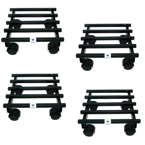 Image of UTKARSH Metal Plant Stand with Wheels - Pack of 4 | Heavy Duty Pot Holder for Home, Balcony & Garden | Square Metal Flower Pot Trolley for Indoor Outdoor Use | Black