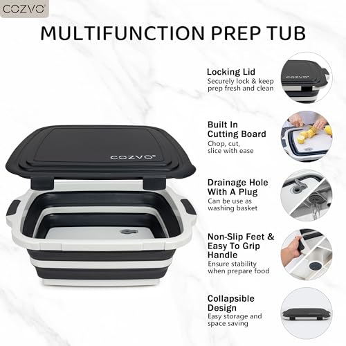 COZVO 6-in-1 Collapsible BBQ Prep Tub & Marinade Container with Locking Lid | 20" Multifunction Camping Sink, Portable Cutting Board, and Food Storage Bin for Grilling, Picnics, Tailgating - Black - Image 4