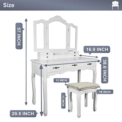 Vanity Beauty Station,Large Tri-Folding Necklace Hooked Mirrors,6 Organization 7 Drawers Makeup Dress Table with Cushioned Stool Set - White