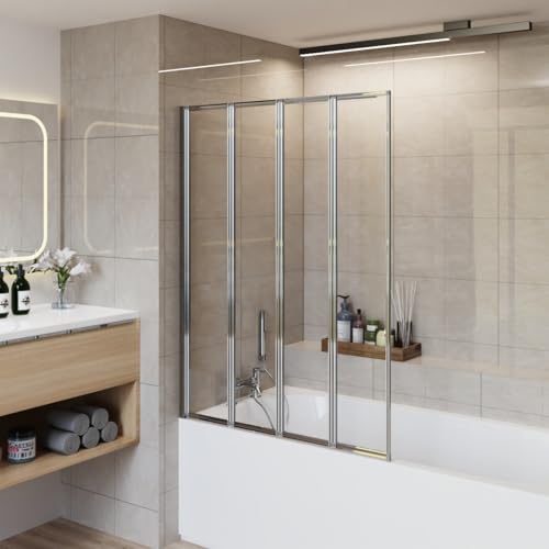 Aquariss Mampara de ducha de baño de 850 x 1400 mm, 4 paneles plegables, 4 mm, cristal transparente, puerta pivotante, reversible, cromado