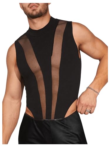 Floerns Men's Contrast Mesh Sleeveless Jumpsuit Mock Neck Club Bodysuit Leotard3