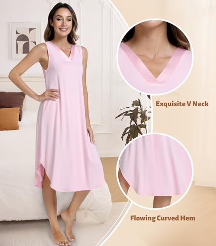 Image of NACHILA Women's Nightgowns-Viscose Made from Bamboo,Sleeveless Tank Night Gown Crew Neck Sleep Dress Cool Sleepshirts