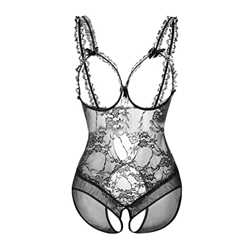Bas Collant Femme Ensemble Bas Porte Jarretelle Sous-vêtements amusants pour femmes dentelle ouverte entrejambe rosée sein voir à travers Sexy body Tenu InfirmièRe Femme Sexy Combinaison (Black, L)