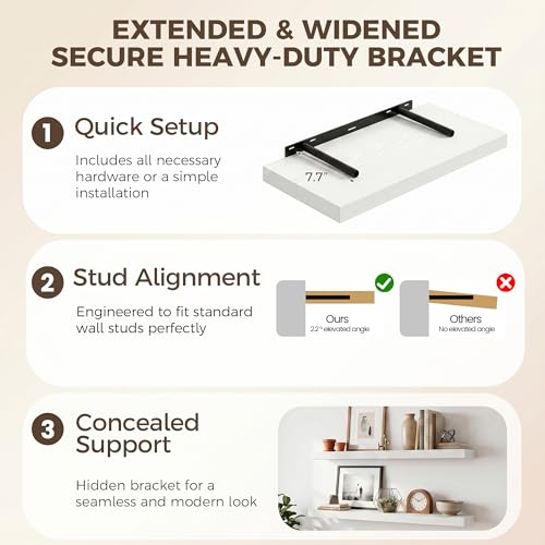 Image of Fun Memories 12 Inch Deep Floating Shelves, 16 x 12 Wooden Wall Shelves, Extra Deeper & Thicker Rustic Wall Mounted Storage Shelf for Fireplace, Living Room, Kitchen, Farmhouse, White - 2Pack