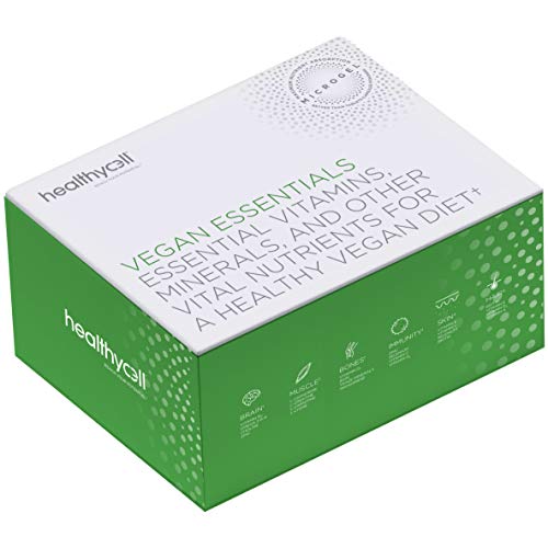 Healthycell Vegan Essentials | Multivitamin Liquid Gel Supports Hair, Skin, Nails, Brain, Energy, Muscle | Plant-Based Omega 3, B12, D3, Biotin, Iron, Choline, Amimo Acids | MICROGEL (30-Serving)