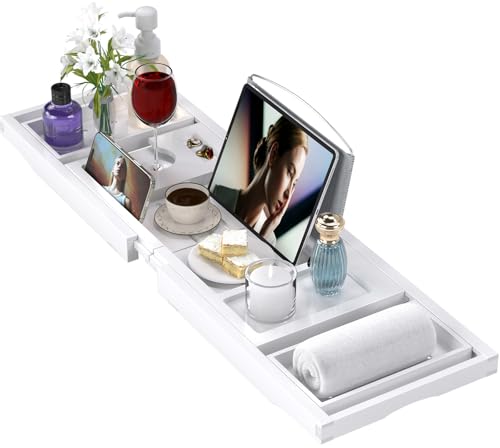 Bathtub Tray Caddy, Expandable Bath Trays for Tub, Bamboo Shelf