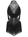 Oyolan Enfant Fille Justaucorps Robe Danse Latine Salsa Samba Rumba Frangé Strass Leotard Gymnastique Tenue Patinage Artistique Costume Noir 11-12 Ans