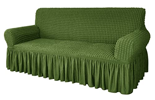 Image of House of Quirk Turkish Bubble Frill 280 GSM Sofa Slipcovers, Durable Washable Universal Four Seater High Elastic Furniture Protector (Green, 230-300cm)