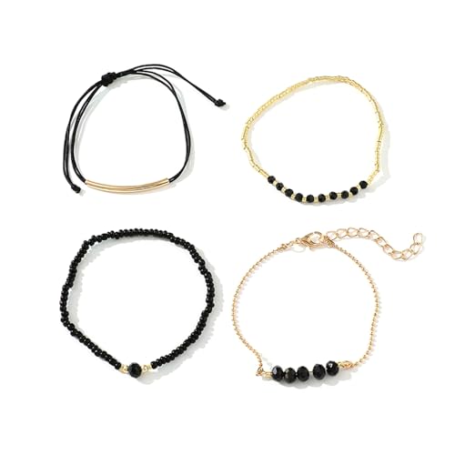 Oxtxuzdm Elegante juego de cuentas de cristal negro sintético, cadena de cuentas multicapa hecha a mano, accesorio de fiesta de noche, accesorio de fiesta de noche