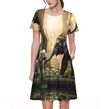 XTYGETY Robe d'été décontractée à manches courtes pour femme avec imprimé éléphant et lapin blanc, Noir , M