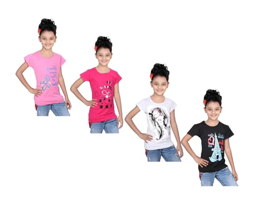 Image of indi weaves Girls Pure Cotton Chest Printed Half Sleeves Round Neck T-Shirts (Pack of 4)